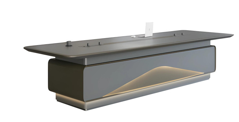 Table de conférence grise luxueuse avec éclairage LED et gestion des câbles