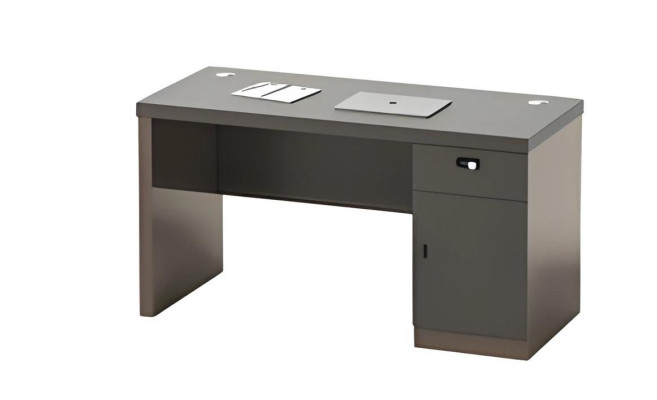Table noire moderne avec espace de rangement et gestion des câbles