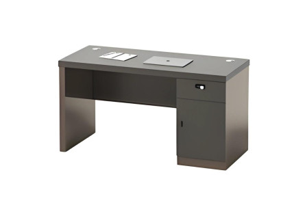 Table noire moderne avec espace de rangement et gestion des câbles