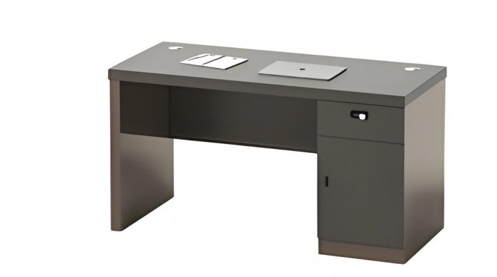 Bureau noir moderne avec espace de rangement, serrure et canaux de câbles