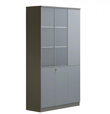 Armoire de bureau grise moderne avec portes en verre, verrouillable, grand espace de rangement
