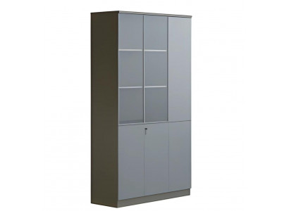 Armoire de bureau grise moderne avec portes en verre, verrouillable, grand espace de rangement