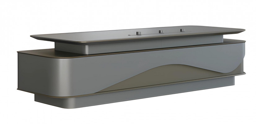 Bureau moderne gris et noir avec espace de rangement luxueux et gestion des câbles