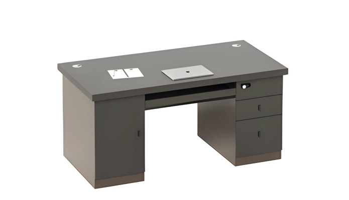 Table grise avec espace de rangement et tiroirs, canaux pour câbles, serrure