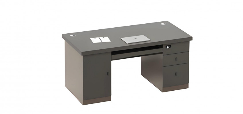 Bureau moderne noir et gris avec espace de rangement et gestion des câbles