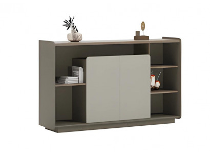 Buffet élégant beige et gris avec étagère moderne et espaces de rangement fermés