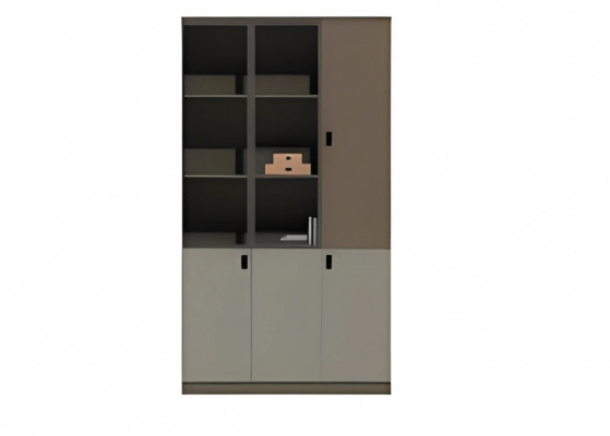 Armoire de bureau moderne marron-gris avec étagères et portes