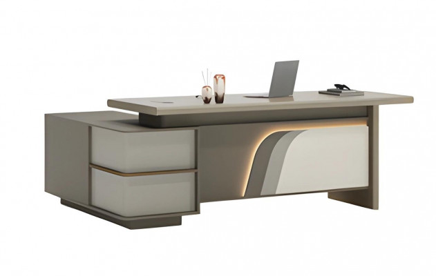 Bureau de travail beige et marron avec éclairage LED et tiroirs