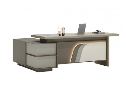 Bureau de travail beige et marron avec éclairage LED et tiroirs