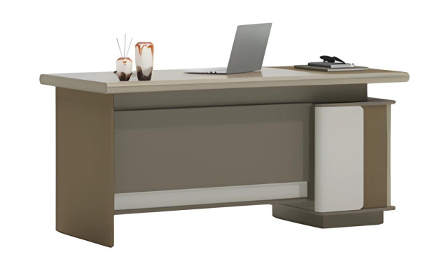 Bureau marron et gris avec tiroirs et espace de rangement