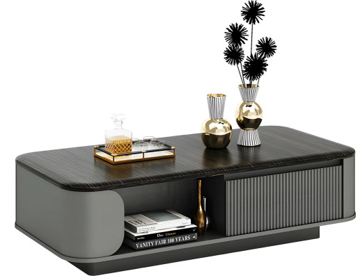 Table basse moderne avec un design élégant et une surface noire ainsi que des étagères ouvertes