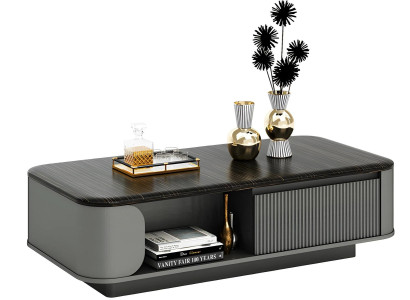 Table basse moderne avec un design élégant et une surface noire ainsi que des étagères ouvertes
