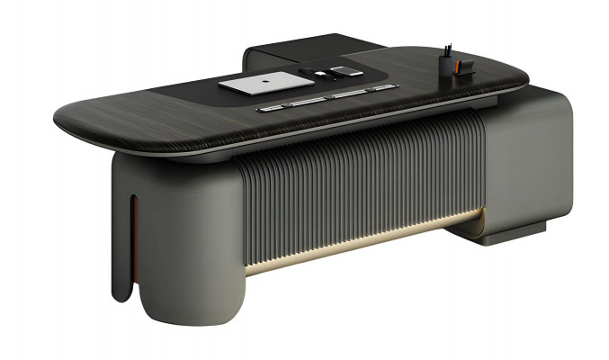 Bureau moderne avec un design élégant et une surface noire, avec éclairage