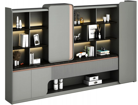 Armoire de bureau moderne en aulne avec étagères ouvertes, éclairage LED, simplicité élégante, design gris