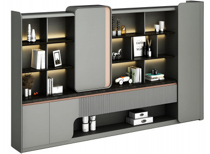 Armoire de bureau moderne en aulne avec étagères ouvertes, éclairage LED, simplicité élégante, design gris