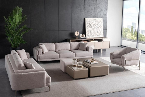 Ensemble de meubles de salon en tissu beige avec canapé moderne et fauteuil