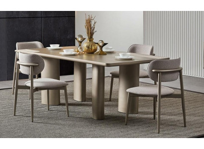 Table à manger beige élégant avec pieds en bois et 4 chaises en tissu