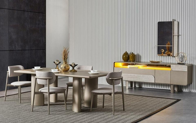 Ensemble de table à manger en bois beige élégant avec chaises et console
