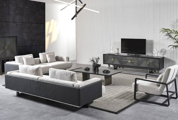 Mobilier de salon moderne en brun avec canapés et fauteuils