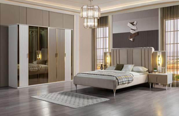 Ensemble de meubles de chambre à coucher avec lit, 2 tables de nuit et armoire moderne, 4 pièces