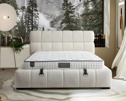 Lit bleu élégant avec matelas en textile et en bois