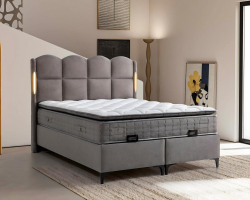 Lit gris avec matelas en tissu et bois, design moderne