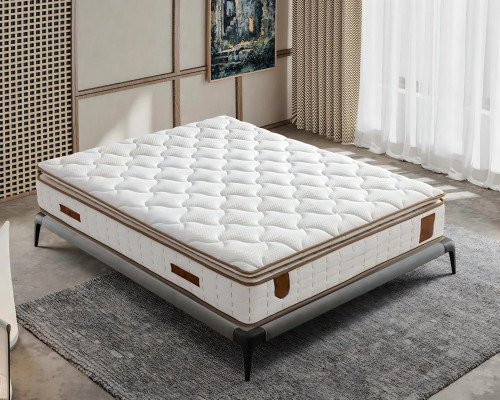 Lit gris avec matelas en tissu et bois, design moderne