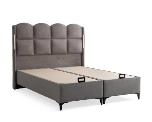 Lit gris avec matelas en tissu et bois, design moderne