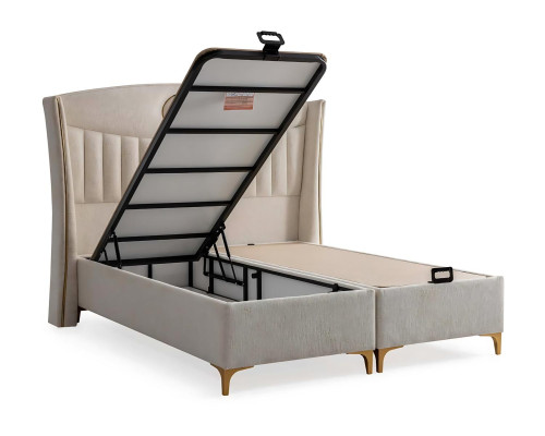 Lit élégant avec matelas en tissu beige clair et en bois