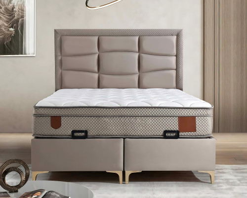 Lit beige élégant avec matelas en textile et en bois
