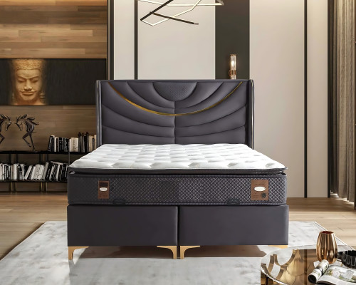 Lit élégant gris avec matelas en textile et en bois