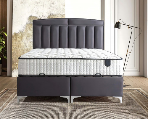 Lit moderne gris avec matelas en textile et en bois