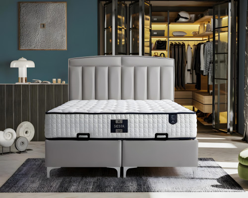 Lit moderne gris avec matelas en textile et en bois