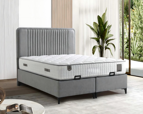 Lit élégant gris avec matelas en textile et en bois