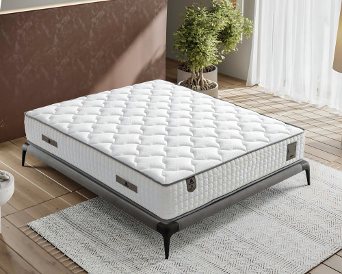 Lit élégant gris avec matelas en textile et en bois
