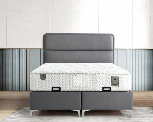 Lit moderne gris avec matelas en textile et en bois