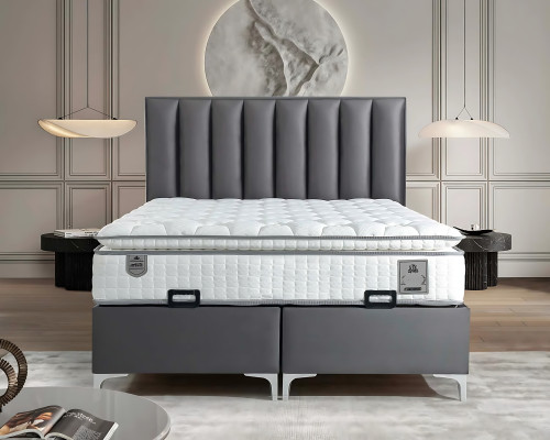 Lit élégant gris avec matelas en textile et en bois