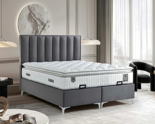 Lit élégant gris avec matelas en textile et en bois