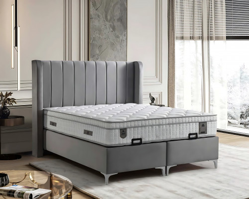 Lit élégant gris avec matelas en textile et en bois