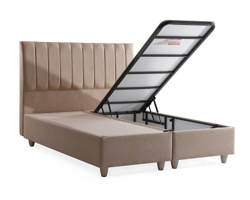 Lit en textile beige avec un matelas élégant
