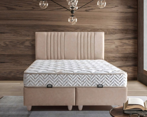 Lit élégant avec matelas en tissu beige clair et en bois