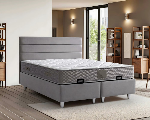 Lit élégant gris avec matelas en textile et en bois