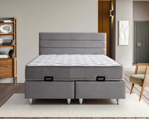 Lit élégant gris avec matelas en textile et en bois