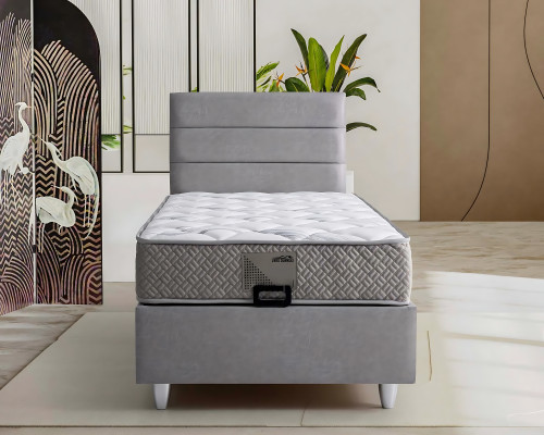 Lit élégant gris avec matelas en textile et en bois