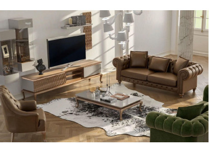 Brun Chesterfield Ensemble de canapés de luxe Moderne Trois places Fauteuil Tissu