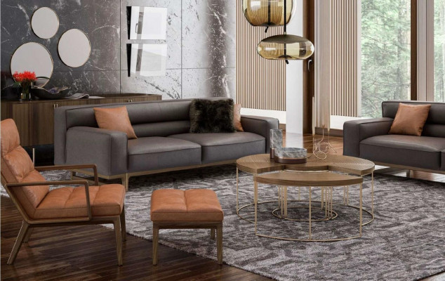 Ensemble de sièges de salon marron luxueux comprenant un fauteuil Stivloller 3 places, une chaise rembourrée.