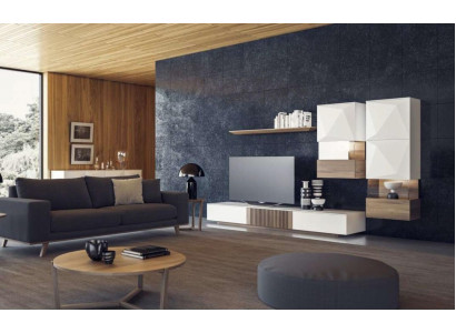 Unité murale TV en noyer naturel de luxe blanc moderne, buffet bas, étagères murales