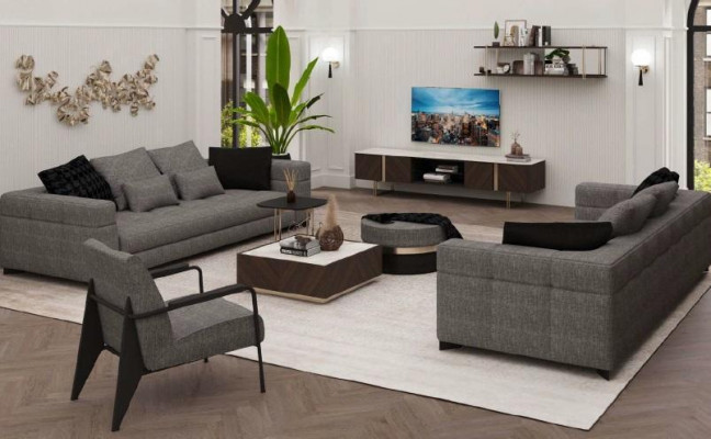 Canapé gris trois places salon mobilier assise cadre en bois collection de canapé
