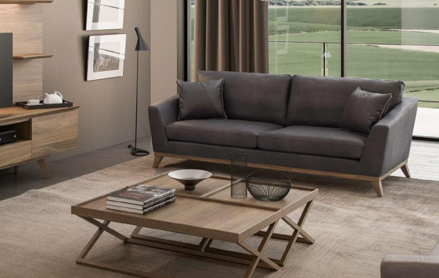 Canapé de salon moderne à trois places, cadre en bois gris, nouveau design de luxe.