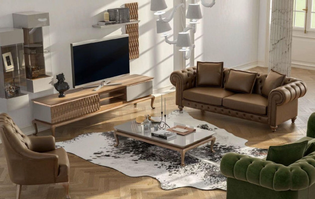 Canapé de salon en cuir luxueux à trois places de couleur marron, style mobilier neuf